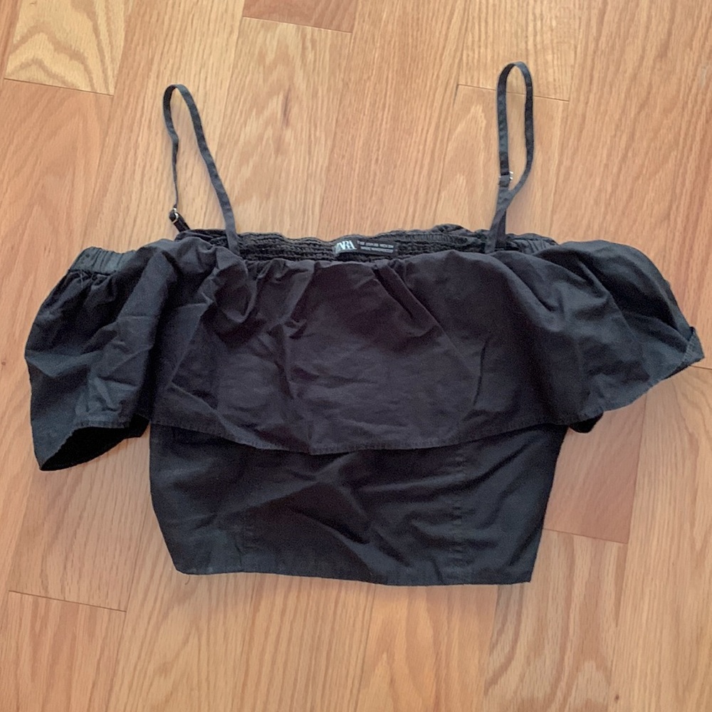 cute zara black crop top off shoulder ruffle